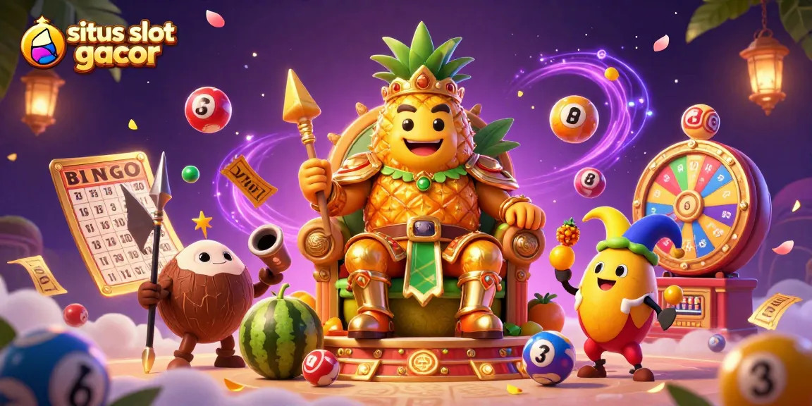 A vibrant 3D casino illustration featuring the brand "situs slot gacor" with a golden pineapple king in an energetic gambling scene.