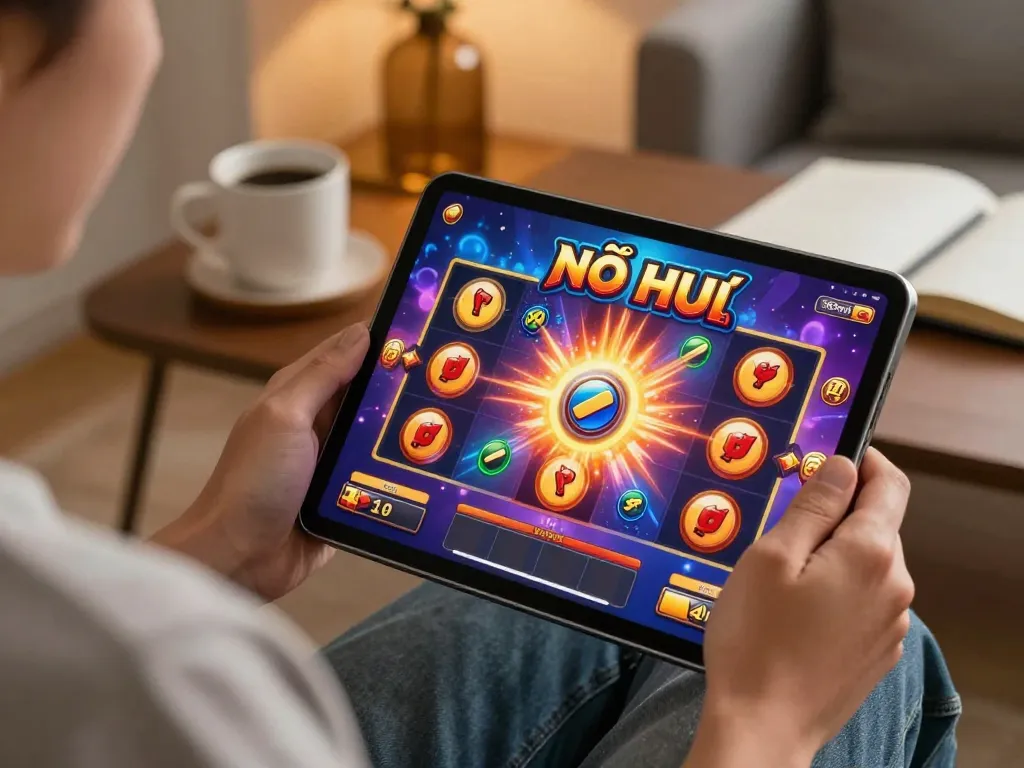 Playing nổ hũ slot game on a tablet, capturing excitement in a cozy home gaming setup.