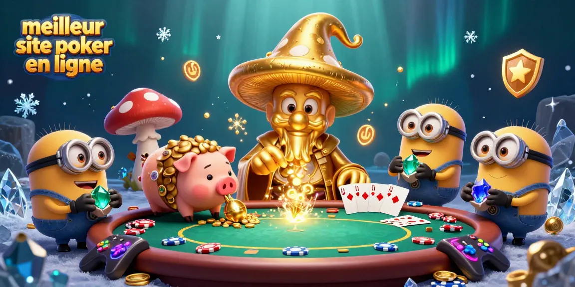 Jouer sur le meilleur site de poker en ligne avec un wizard doré, un cochon et des minions portant des gemmes.