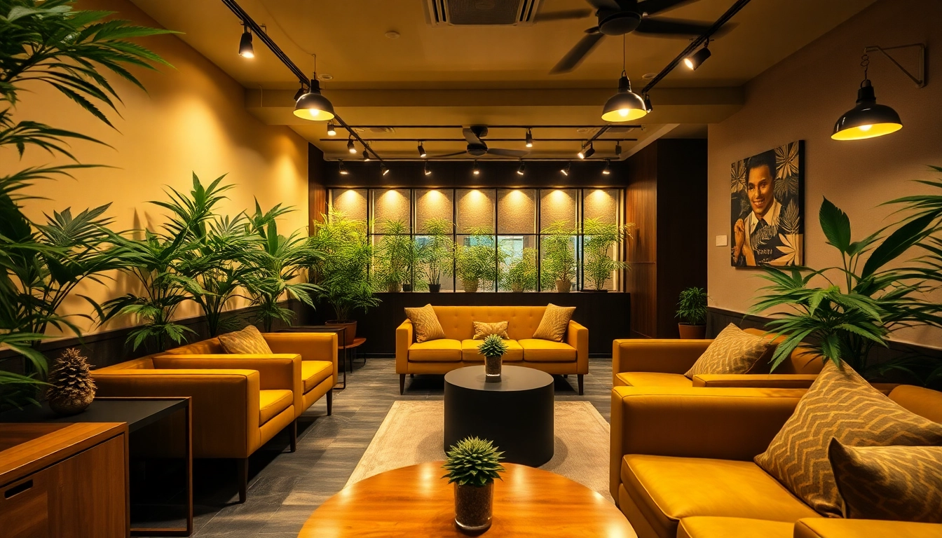 Cannabis Club Madrid offers a stylish lounge experience with plants and warm lighting.