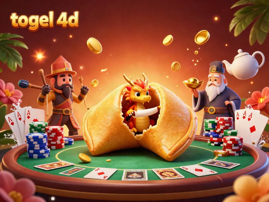 Engaging scene showcasing 4D togel with a wise dragon inside a fortune cookie surrounded by vibrant poker elements.