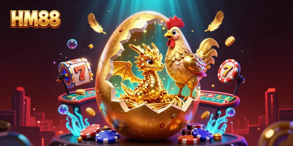 Witness the golden dragon and its guardian in a vibrant HM88 gaming scene, enriched by slot machines and poker elements.