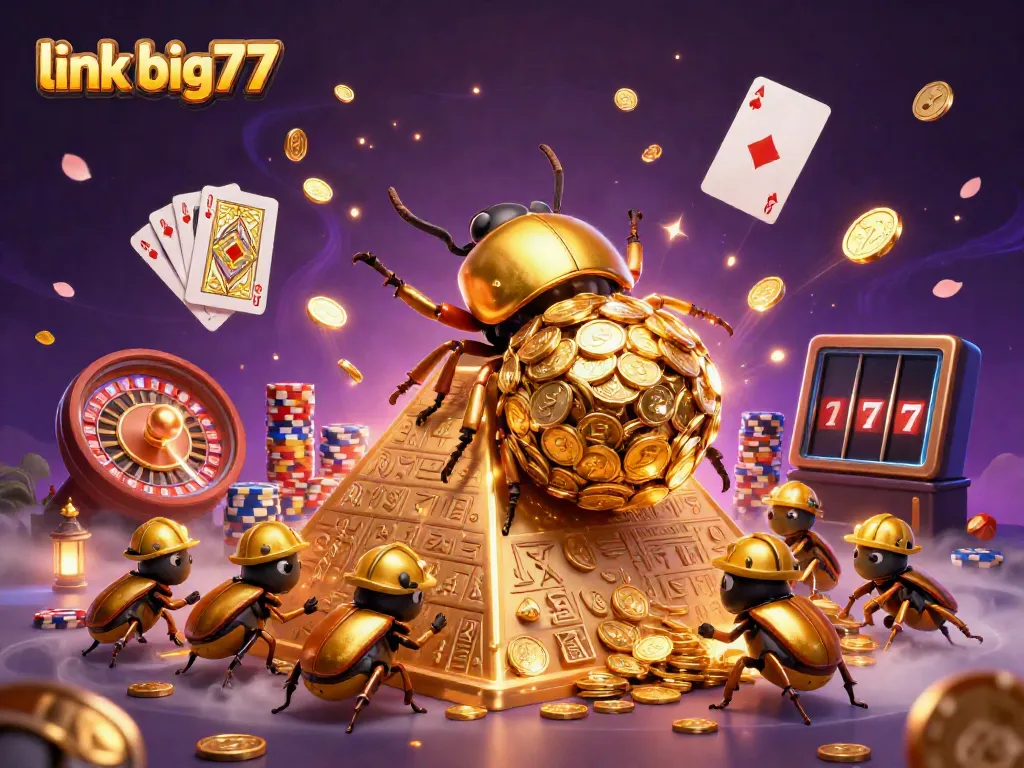 Experience the vibrant casino action with link big777 as golden beetles roll coins up a pyramid amidst dazzling game elements.