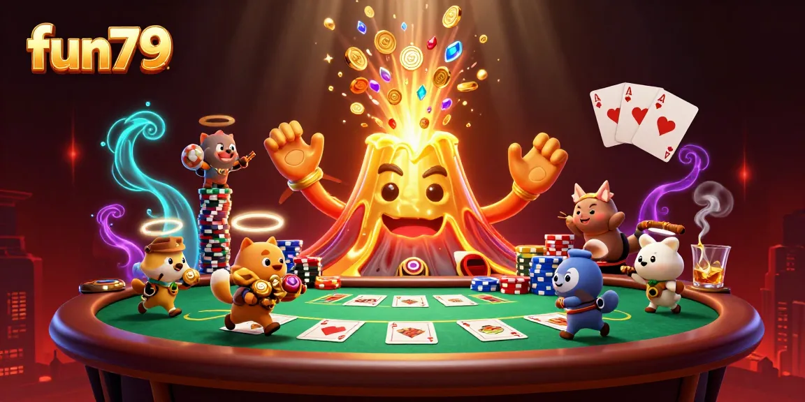 Engage with fun79's thrilling gaming experience featuring a treasure-filled volcano amidst poker excitement.