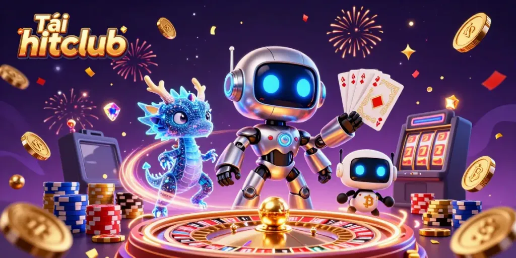 Experience Tải hitclub with a vibrant 3D casino scene of a robot mascot, gems, and coins.