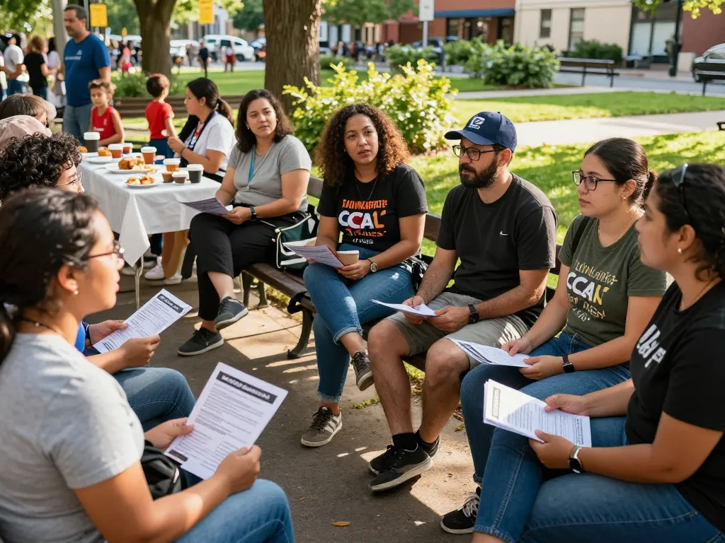 Group discussing facing serious political issues in a vibrant park setting.
