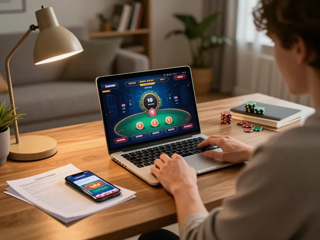 Engaged player using Sunwin app for online poker gaming in a cozy home environment.