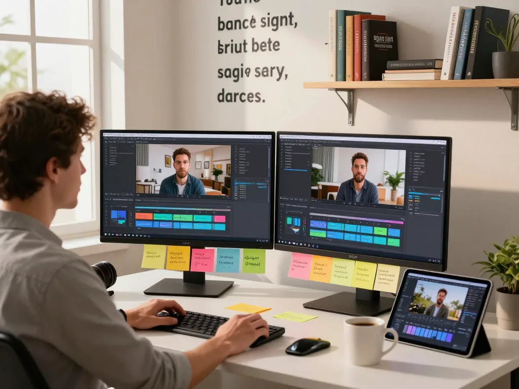 Creative workspace for video to prompt analysis with dual monitors, inspiring wall decor, and AI-driven tools in a bright atmosphere.