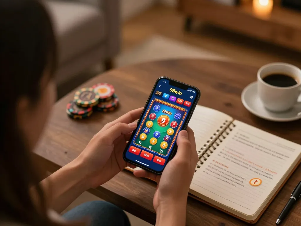 Player engaging with the app 98win on their smartphone, surrounded by a cozy home setup with betting strategies visible.