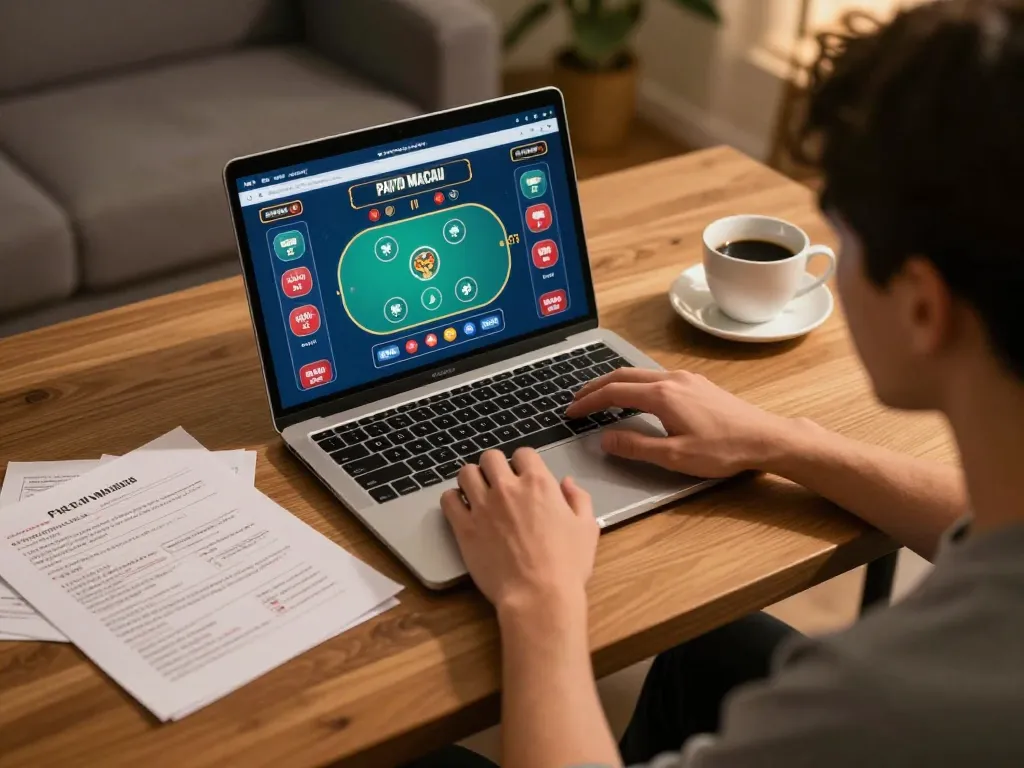 Paito macau gameplay on laptop showing engaging online gambling interface and strategy notes.