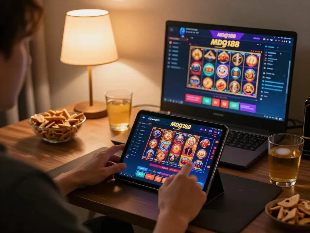 Engaging with the mdg188 casino app on a stylish tablet in a cozy home gaming setup