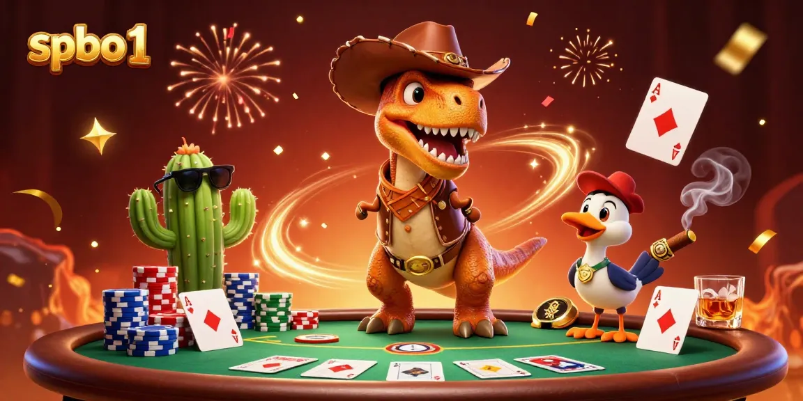 Engage in spbo 1 gaming, featuring a lively poker scene with T-Rex characters and vibrant casino elements.