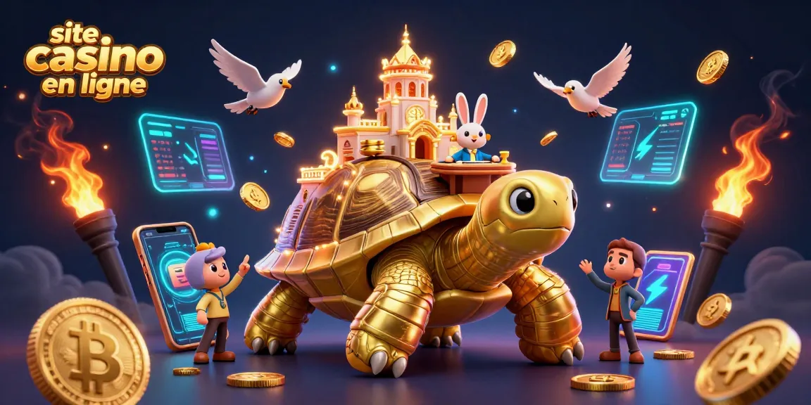Visualisez un site casino en ligne captivant avec une tortue dorée et des pièces volantes.