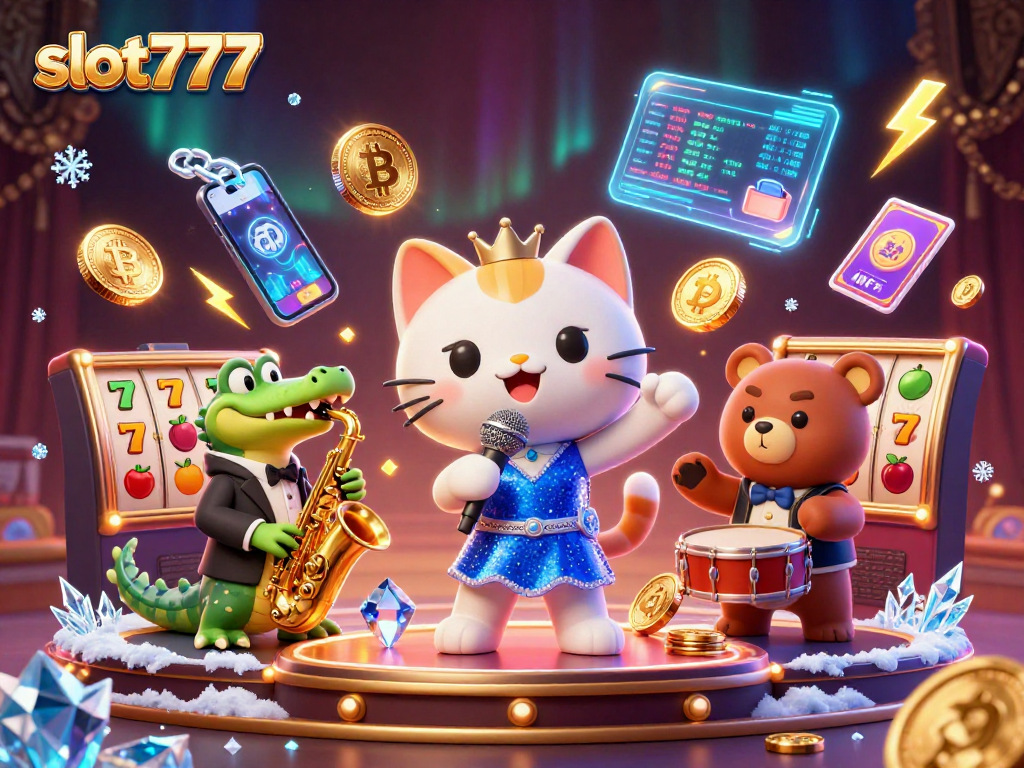 Experience excitement at slot777 with vibrant slot reels and characters performing live on stage.