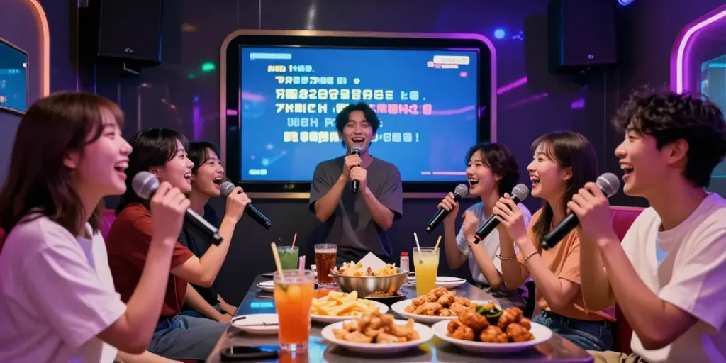 도파민 가라오케에서 친구들과 함께 노래를 부르며 즐거운 시간을 보내는 모습