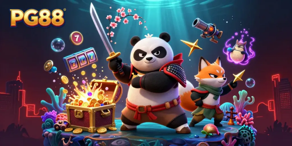 Experience the excitement of PG88 with a vibrant illustration featuring a samurai panda, ninja fox, and magical tanuki amidst dynamic casino elements.