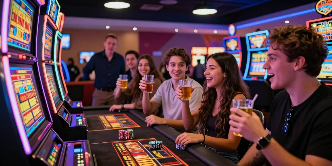 Excited players enjoying slot depo 5000 at a lively casino, celebrating wins with vibrant atmosphere.