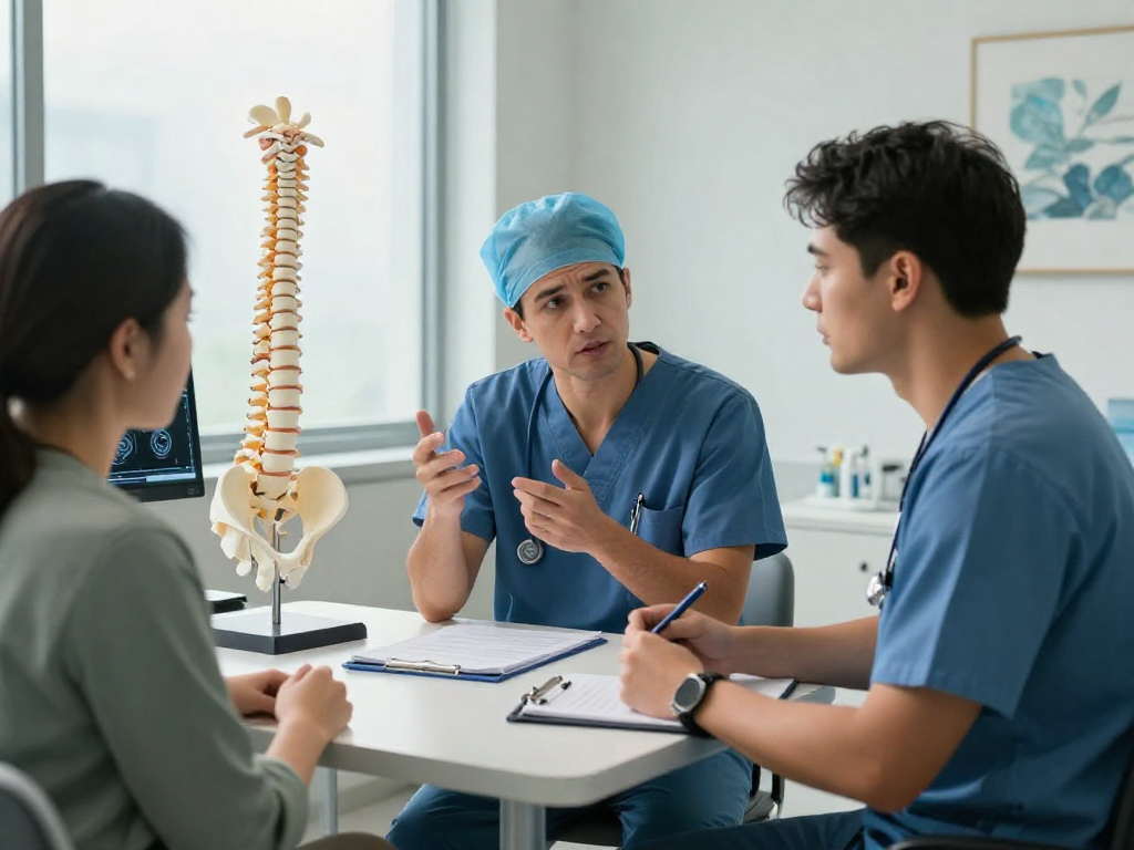 Boyun fıtığı ameliyatı consultation, surgeon explaining treatment to patient with anatomical model.