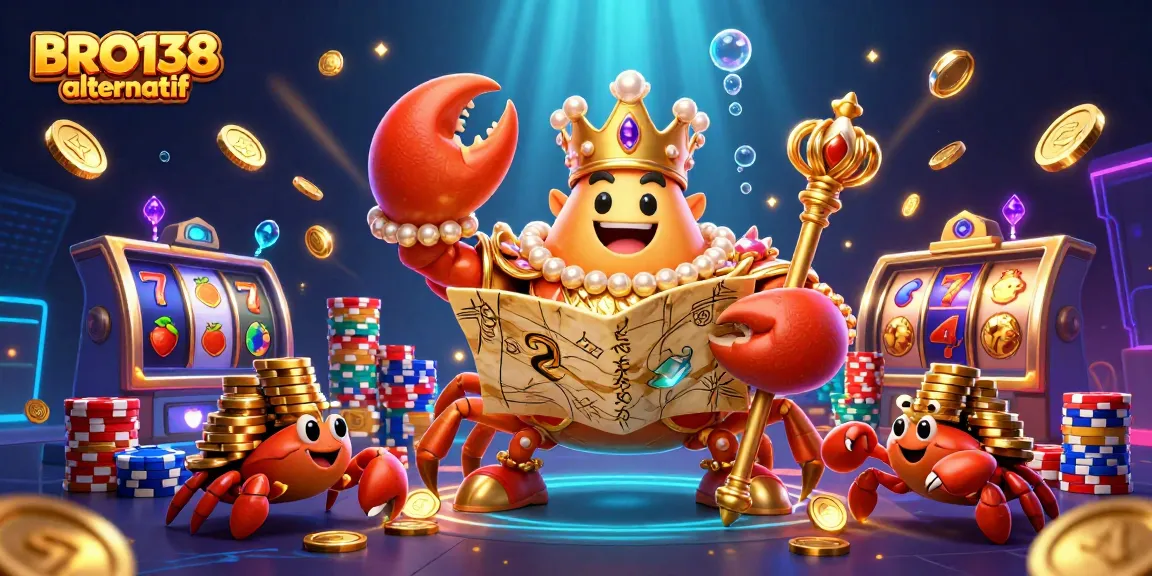 Experience BRO138 alternatif with vibrant gaming elements and a 3D crab king amidst a sparkling casino atmosphere.