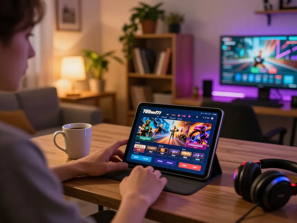 Player enjoying the 789win777 casino app on a tablet in a cozy home setting, emphasizing responsible gaming