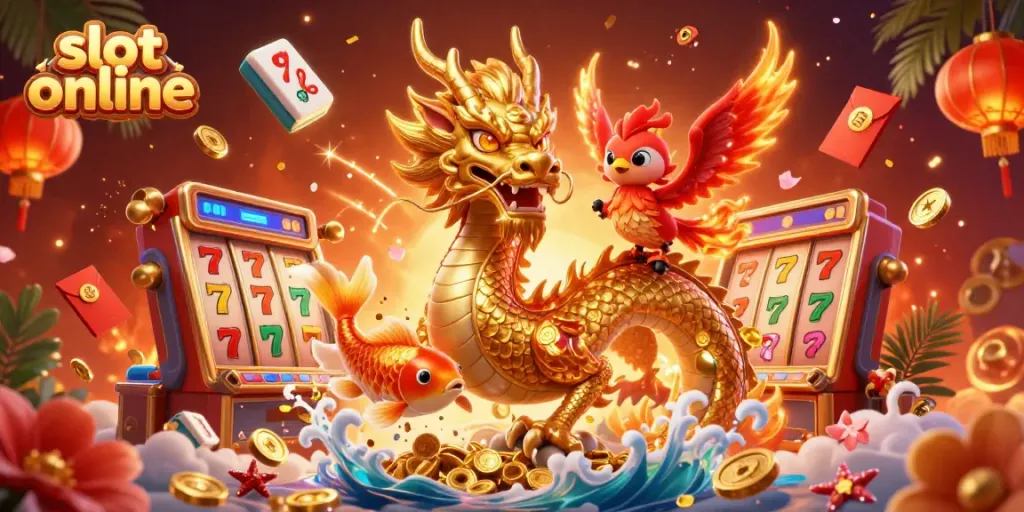 Experience thrilling slot online action with a golden dragon and phoenix amid jackpots and vibrant symbols.