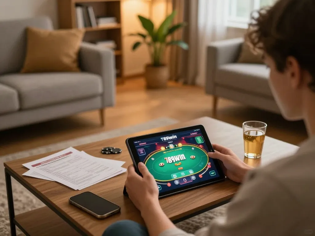 Using the app 789win for online gambling on a tablet in a cozy living room setting.