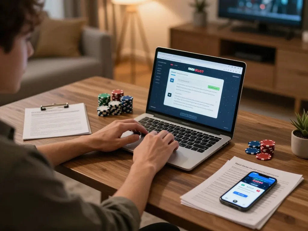 Player engaging in RR88 SELECT online poker game at home with strategy notes.