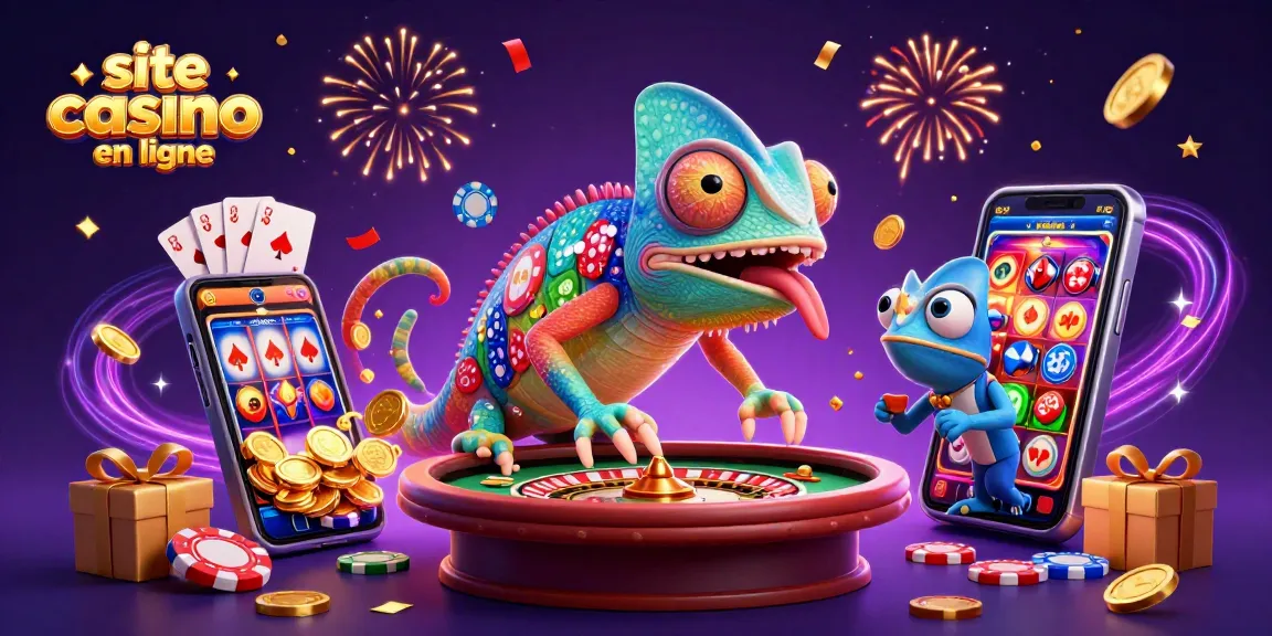 Profitez de l'expérience unique d'un site casino en ligne avec un chameleon coloré attrapant des pièces d'or