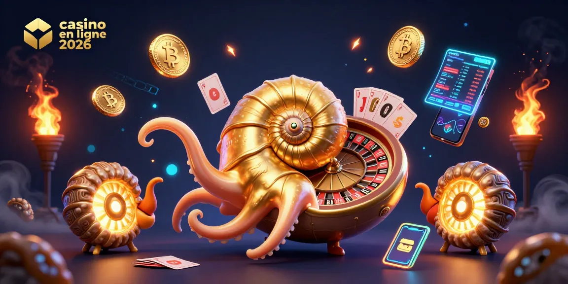 Casino en ligne 2026 : Tentacule d'un nautilus géant et éléments de jeu numériques illuminent l'univers des paris.