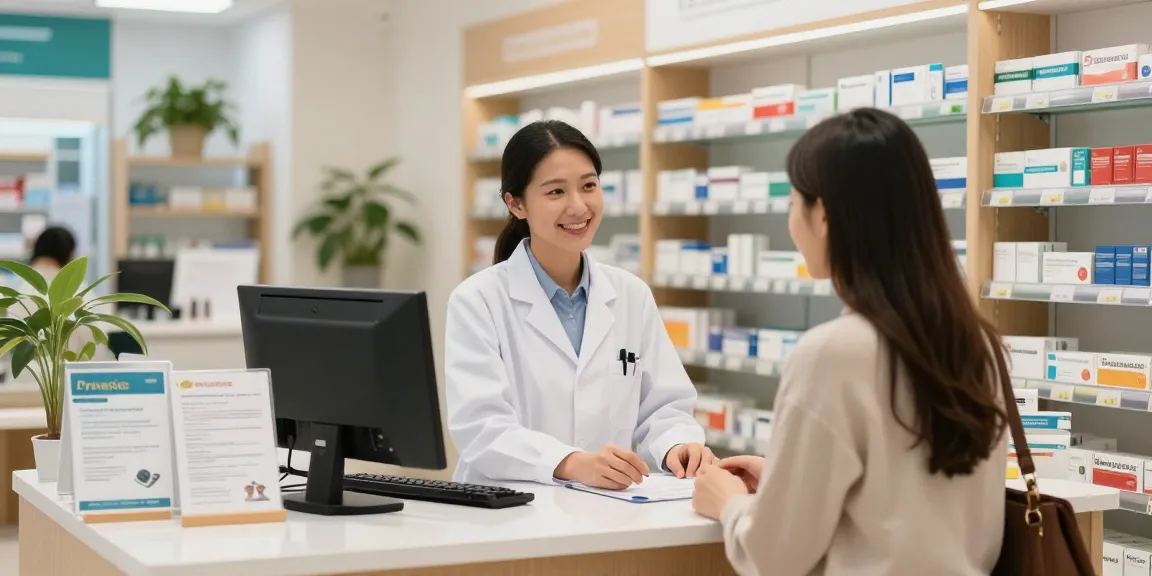 Pharmacist discussing Levitra options with a customer in a welcoming pharmacy setting.