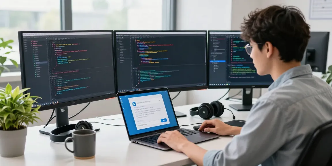 Young developer coding Telegram interface in Chinese at a modern tech workspace showcasing 纸飞机中文版官网.