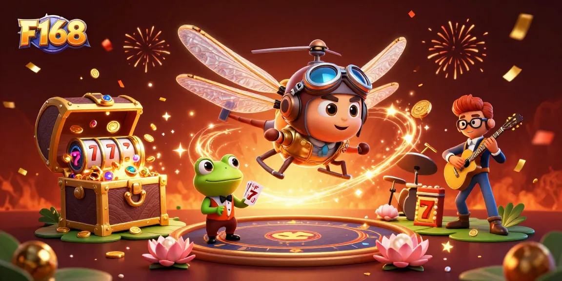 Experience F168’s vibrant casino atmosphere with a dragonfly pilot and frog dealer in this lively 3D illustration.