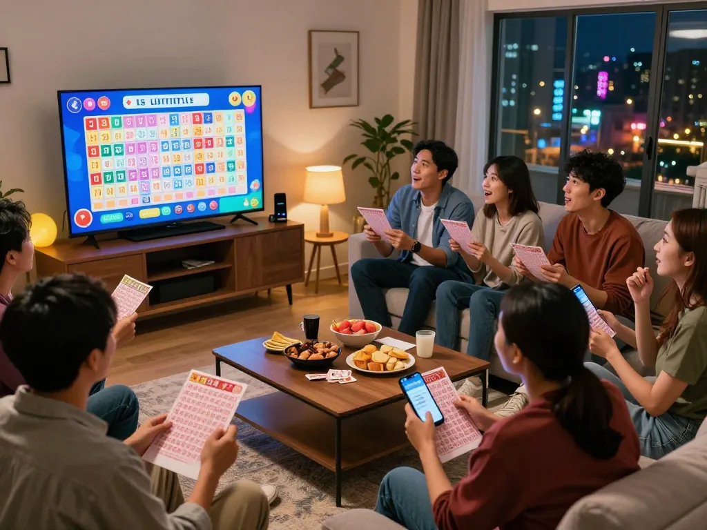 Lottery enthusiasts engaging in the excitement of Data HK during a live draw event, with tickets and notes around.