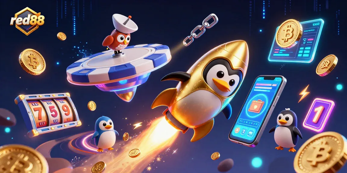 Engage with red88's thrilling experience featuring a golden penguin in a cosmic casino.