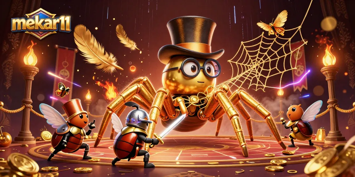 Mekar11 gaming montage featuring a golden tarantula and beetle knight in a dynamic casino scene.