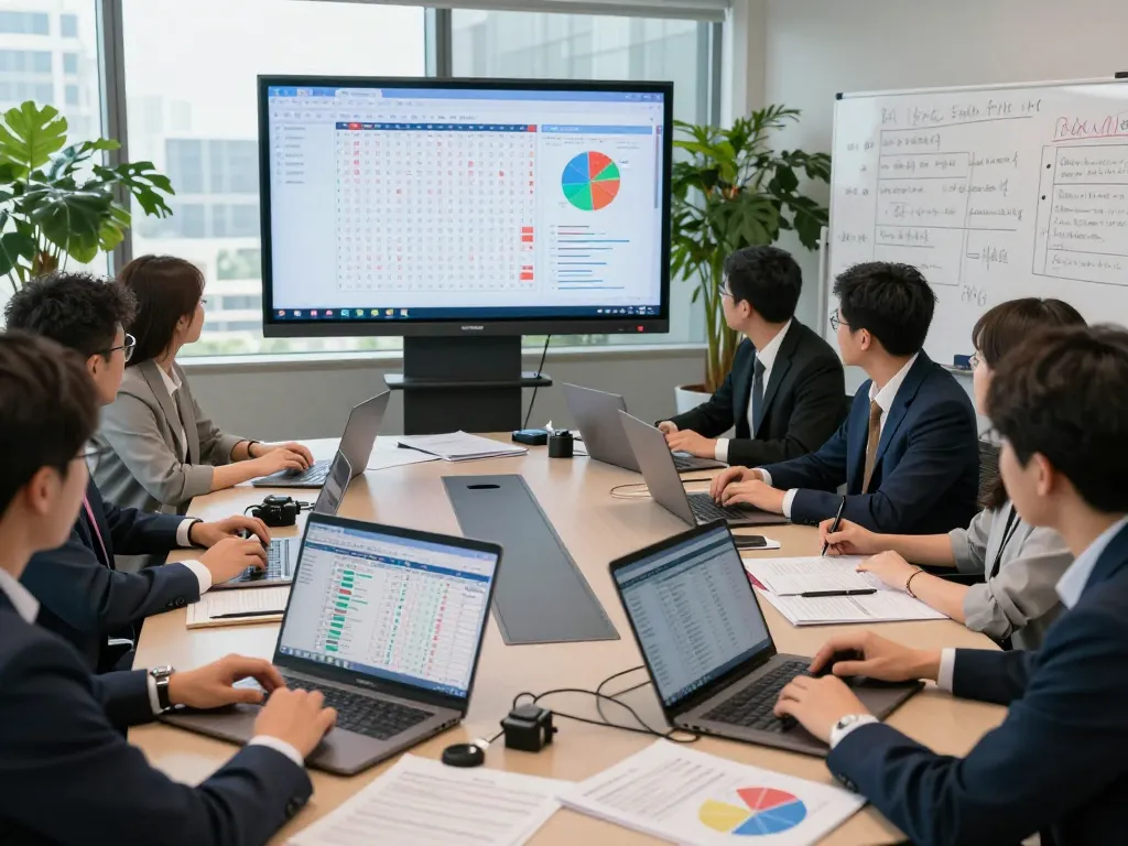 Focused team analyzing Data HK results in a modern office during a presentation.