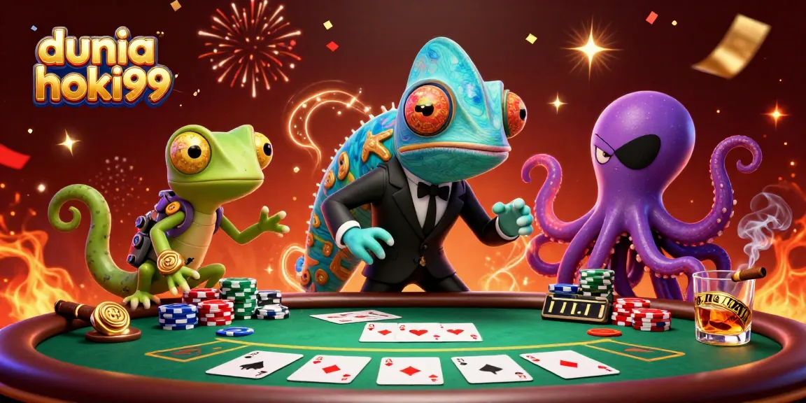 Permainan poker yang menarik di dunia hoki99, dengan karakter chameleon dan gecko dalam aksi.