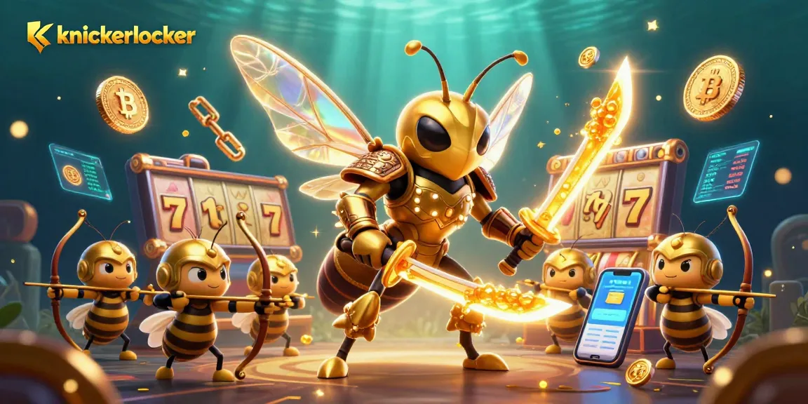 Knickerlocker presents an exciting 3D illustration featuring a golden hornet samurai amidst slot reels and cryptocurrency elements.