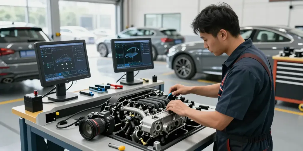Professionelles BMW Werkstatt-Team in Hannover bei Motorinspektion.