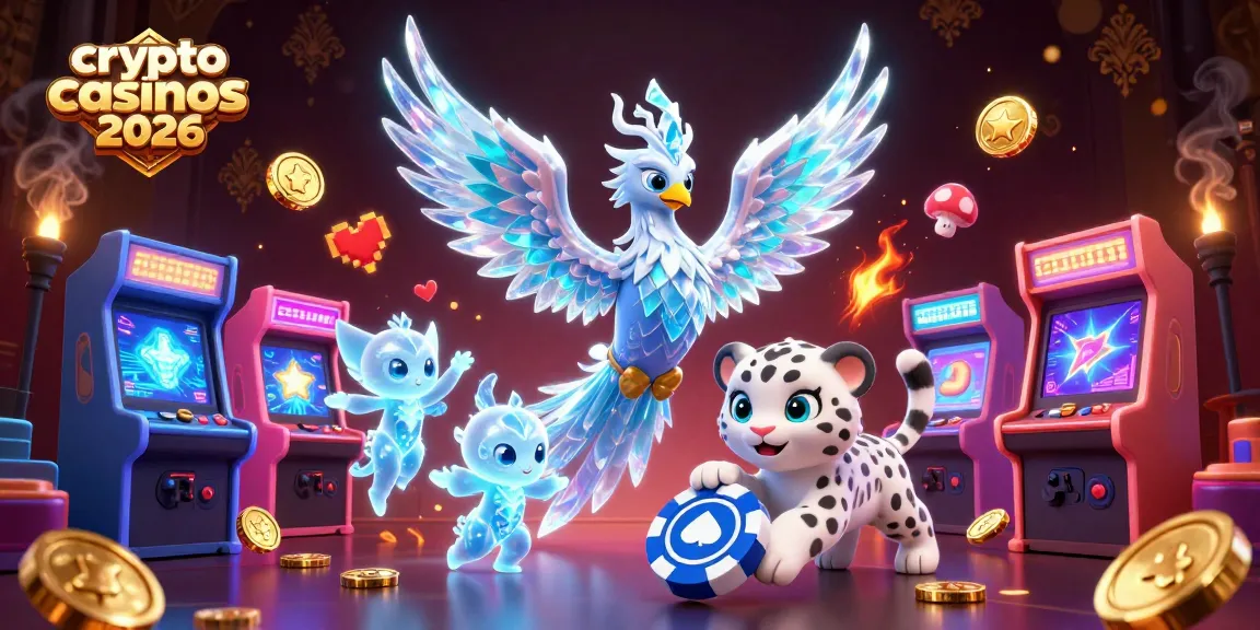 Jeux captivants dans les crypto casinos 2026, avec la magie d'un phœnix de glace et des pièces holographiques.
