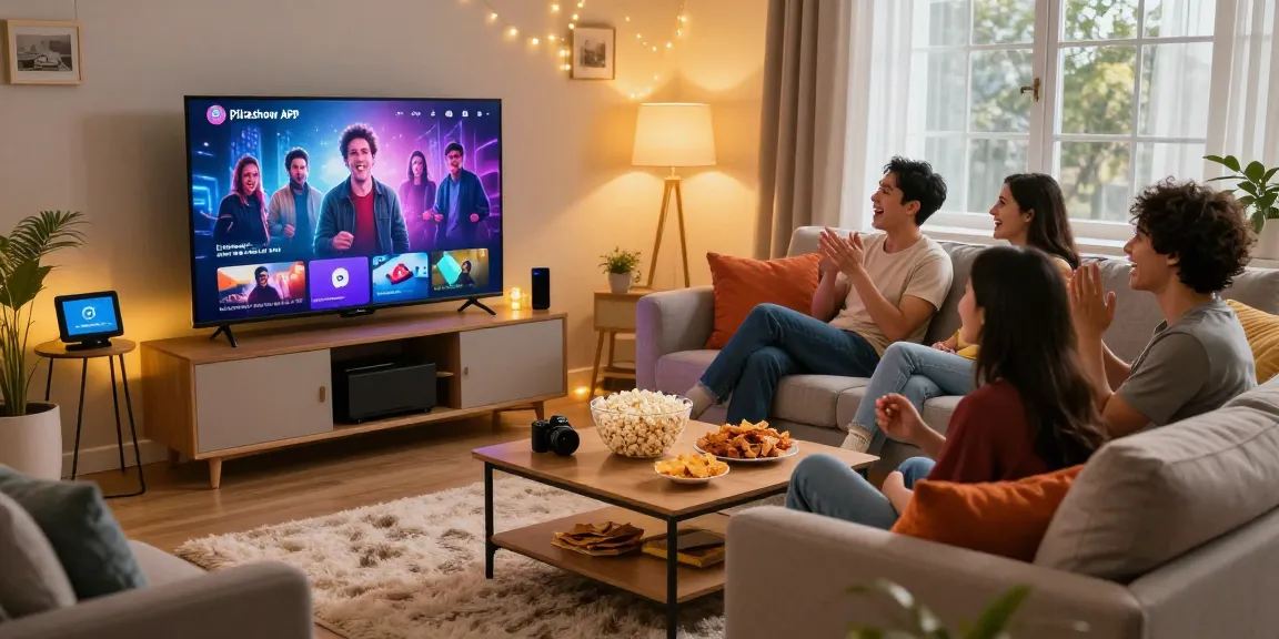 Group of friends enjoying movies on the Pikashow APK in a cozy living room