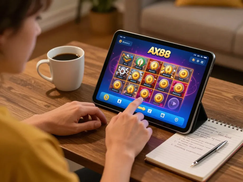 Play ax88 win on a tablet in a cozy home setting, showcasing mobile casino excitement.