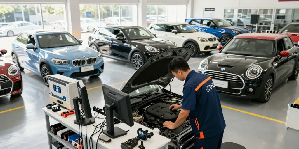 Professional BMW werkstatt hannover scene with technician servicing vehicle