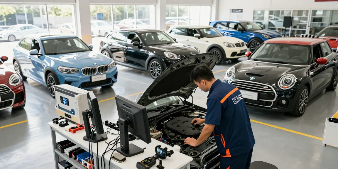 Professional BMW werkstatt hannover scene with technician servicing vehicle