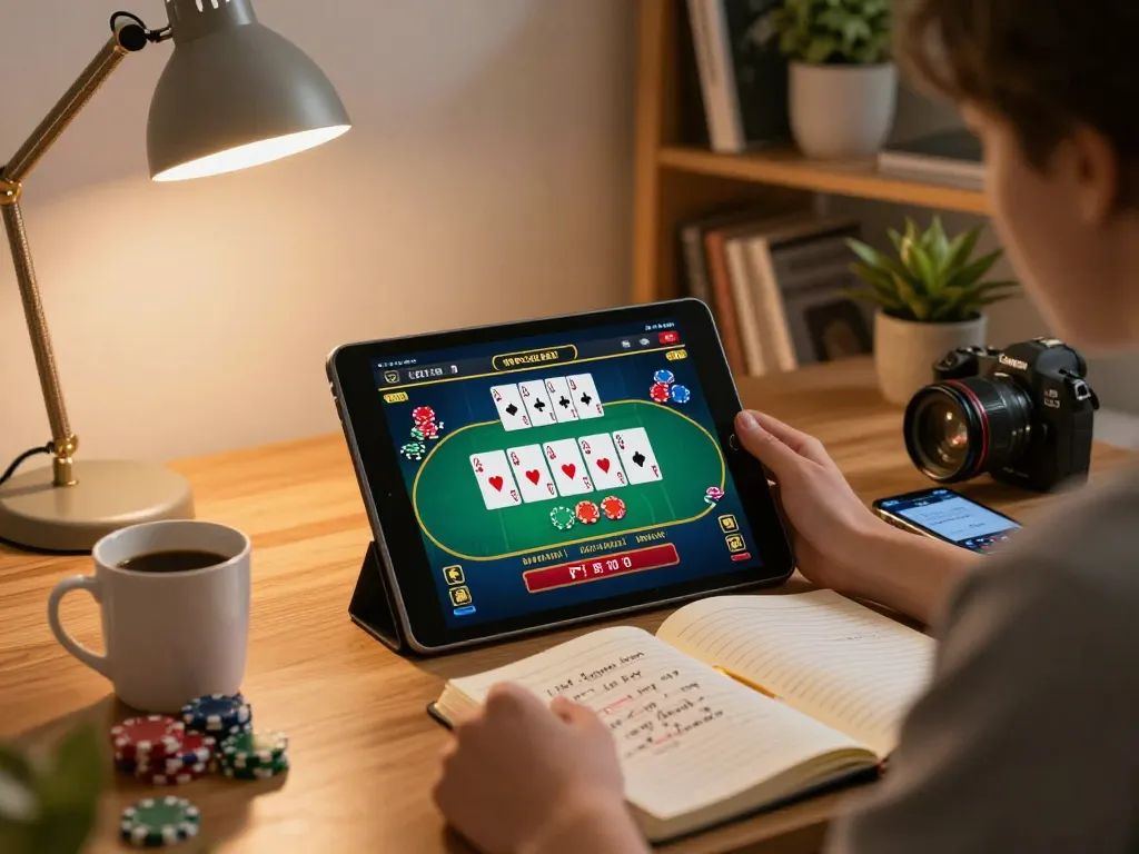 Exciting online casino gameplay on u888 com through tablet in cozy home setting with betting strategies visible.