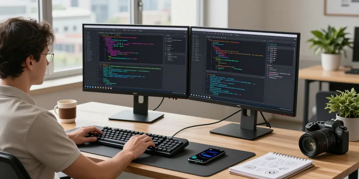 Effective screenshot software in a modern tech workspace, featuring coding interfaces and vibrant design tools.