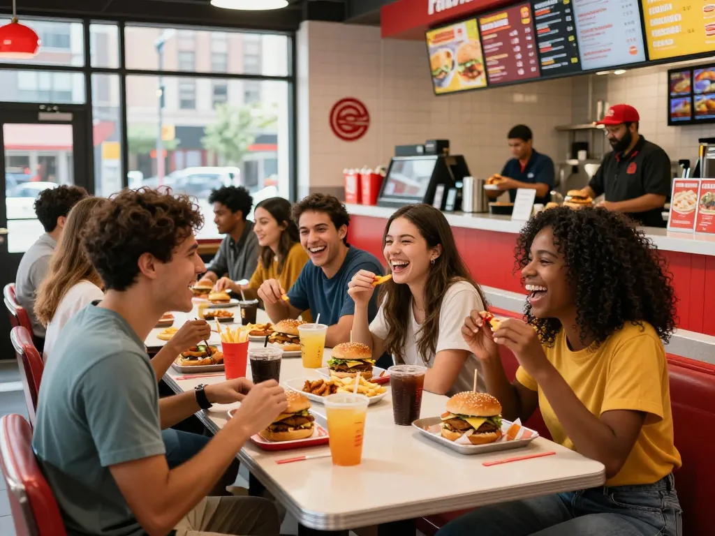 Friends enjoying their meals in a fast food restaurant highlighting current fast food prices