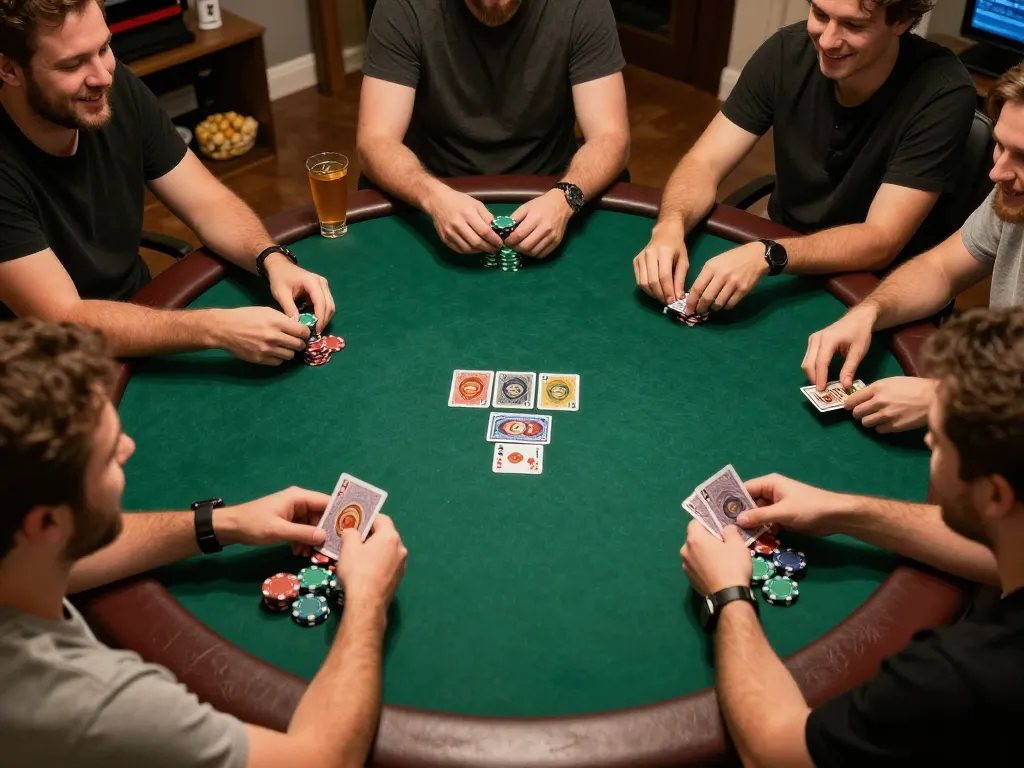 Players enjoying a friendly poker game while showcasing online casinos Canada gaming strategies in a cozy home setting.