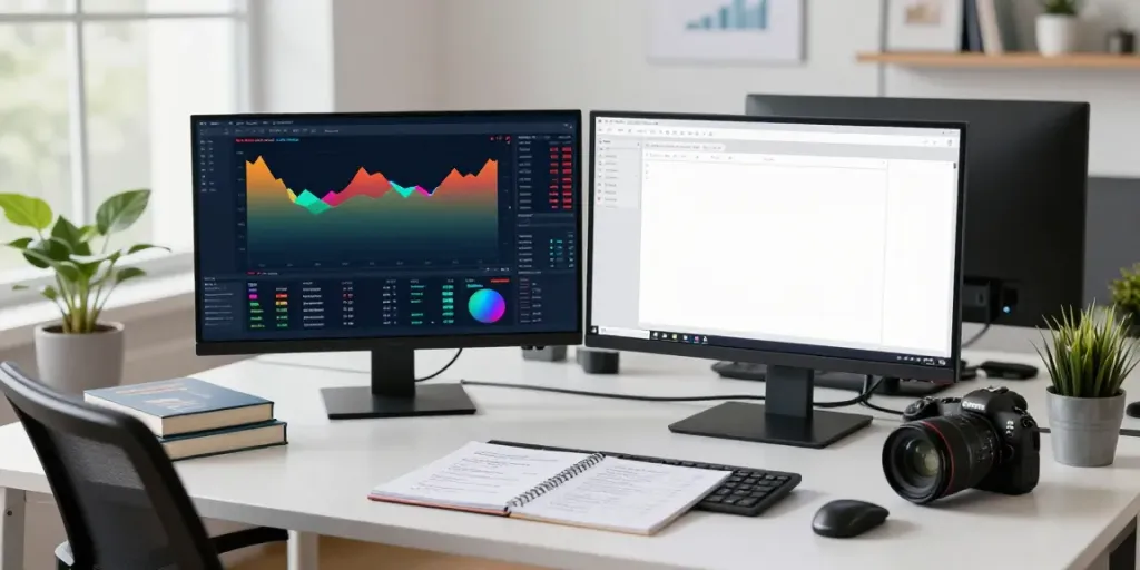 Trader using TradingView for market analysis in a modern office.