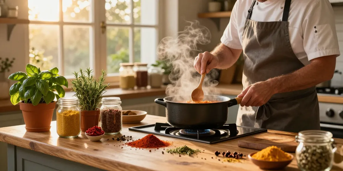Chef bereitet bunte Gewürze in einer gemütlichen Küche mit natürlichem Licht vor.